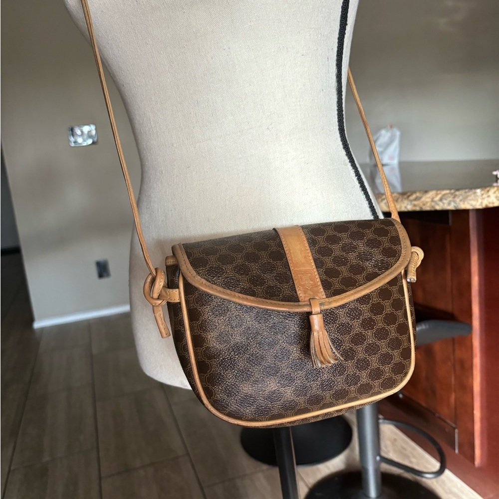 Celine Brown Monogram Crossbody Bag with Tan Trim